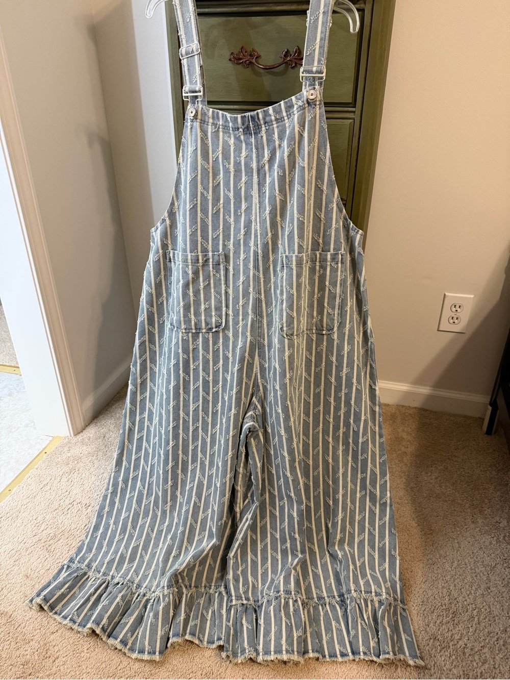 Striped Light Blue Ruffle-Hem Overalls POL nwt